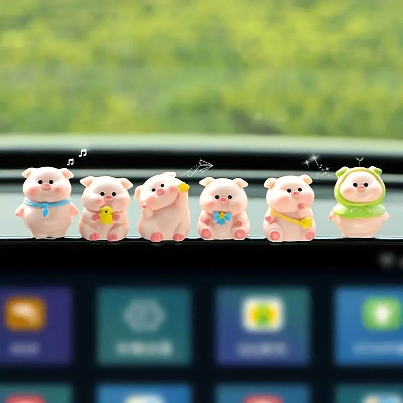 6pcs Cute Piglet Dashboard Decorations, Resin Craft Mini Pig Car Decorations, Charming Car Interior Figurines, Suitable for Center Console, Home Office Desktop And Fairy Garden Decor Accessories