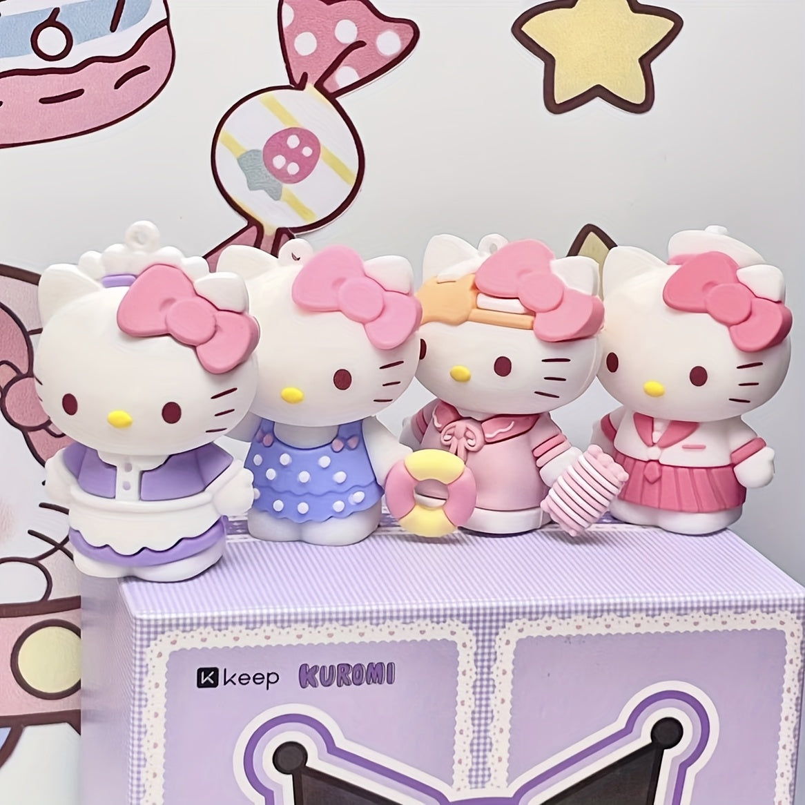 Sanrio Hello Kitty Mystery Box - 8 Random Styles PVC Figurine with Collector’s Display Stand, Cute Cartoon Bedroom Decor, Holiday Birthday Graduation Gift (No Electricity Needed)