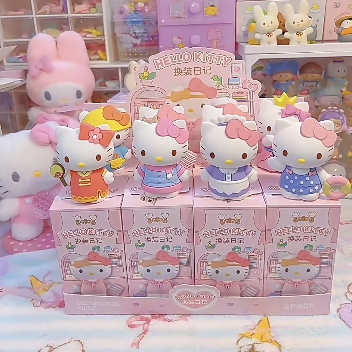 Sanrio Hello Kitty Mystery Box - 8 Random Styles PVC Figurine with Collector’s Display Stand, Cute Cartoon Bedroom Decor, Holiday Birthday Graduation Gift (No Electricity Needed)