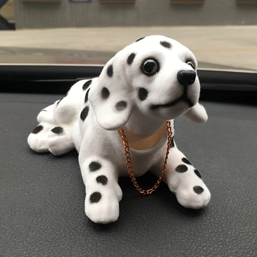 Dalmatian Dog Figurine | Resin Car Dashboard & Desktop Ornament with Golden Chain | Black Spots on White | Playful Shaking Head Feature | Ideal for Home, Office Decor, Dog Decor