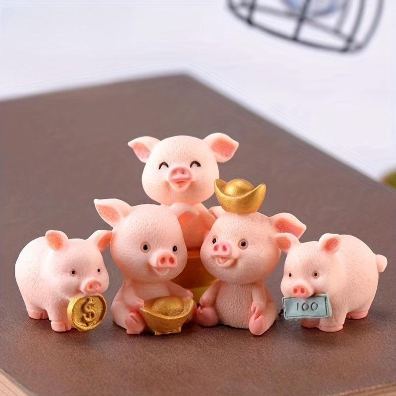 5pcs Set of Resin Lucky Pig Ornaments - Wealth Pig Mini Collectible Dolls, Thanksgiving Gifts, No Electricity Required, DIY Gardening And Succulent Micro Landscape Decoration, Car And Cake Ornaments