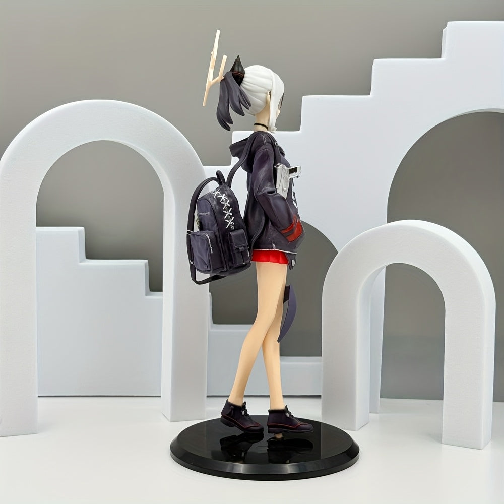 Anime Girl PVC Statue - White Hair & Red Eyes Casual Streetwear Collectible Figurine with Black & White Graphic Print, Durable Desk Decor for Anime Fans, Perfect Gift for Birthdays, Valentine's, Halloween