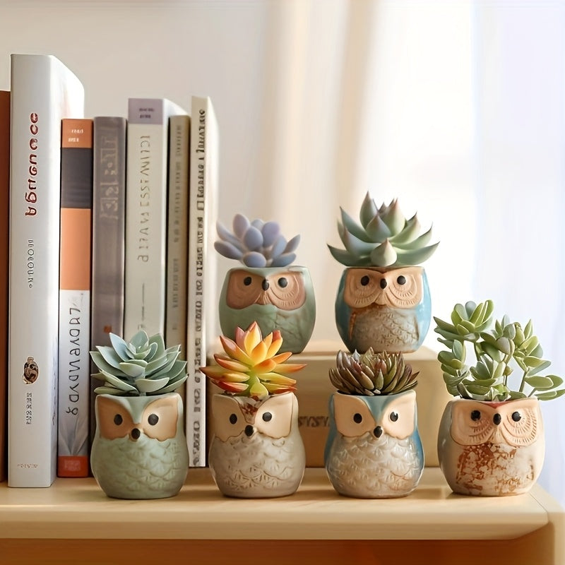 Owl Ceramic Succulent Planter With Drainage Hole 6pcs Set, Small Cute Plant Pot Plant Stand Container, Perfect For Home Office Decor Owl Gift Creative