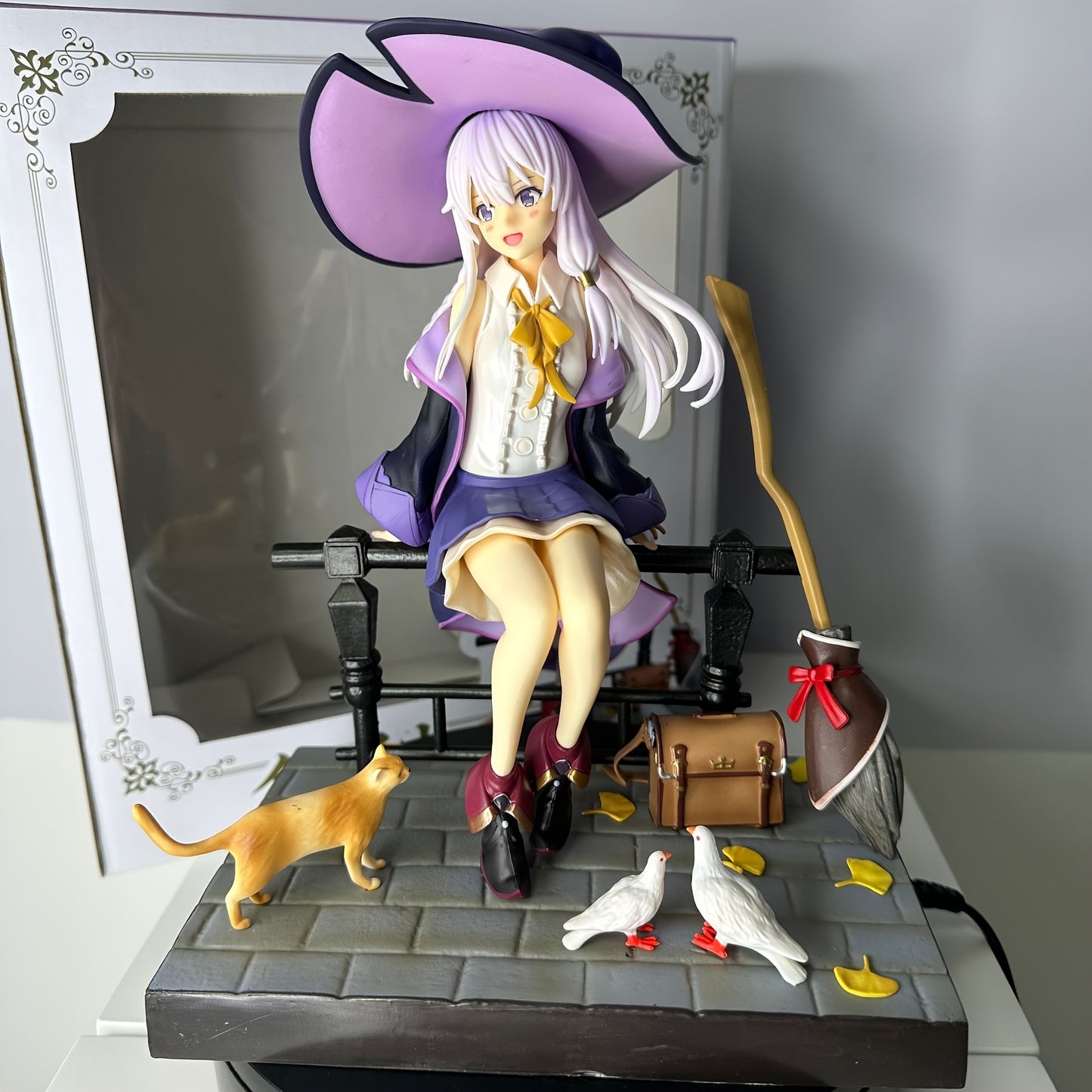 1pc Lifelike Anime Character Statue with Magical Hat, Purple Dress & White Ribbon - Detailed Collectible Figurine with Cat, Doves, and Broomstick - Perfect for Home or Office Decor, Anime Figurine, Desk Accessory, Whimsical Design, Intricate Craftsmanshi