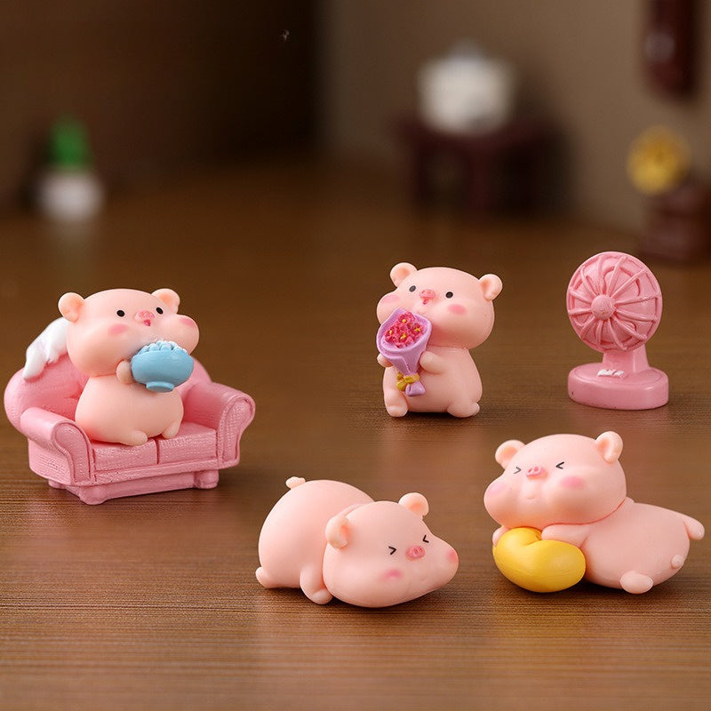 2D Flat 6pcs Miniature Landscape Ornaments Creative Cute Little Piggy Animal Doll Plastic Decorations Accessories Car Desktop Small Ornaments