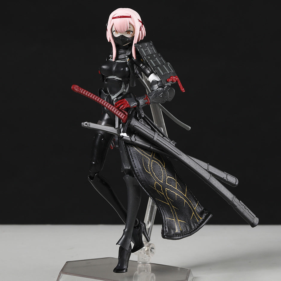 15cm/5.9inch Game Character Action Figure PVC Model Toy - Highly Detailed Collectible with Dynamic Pose, Red Eyes & Pink Hair, Black Armor & Golden Accents, Interchangeable Weapons, Display Base with Face Plates - Gift for Gamers & Collectors, Action Fig