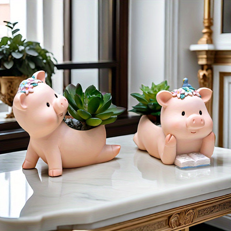Resin Pig Planters Collectible Figurines - Decorative Handcrafted Courtyard Garden Home Decor, Indoor & Outdoor Use, No Electricity Required