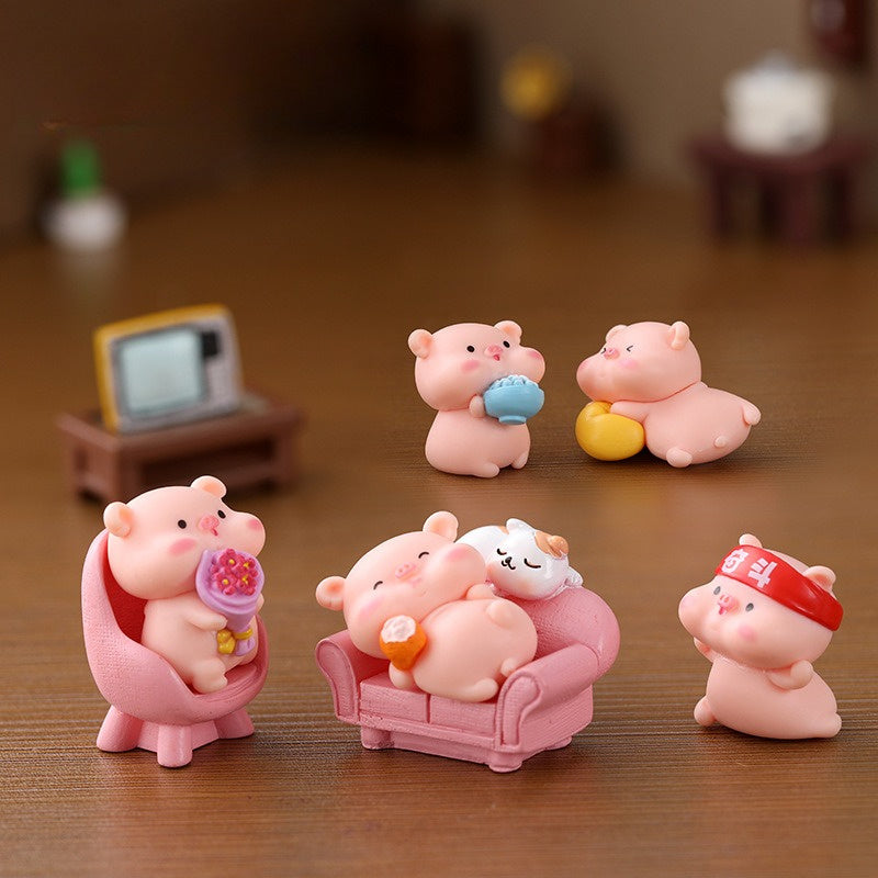 2D Flat 6pcs Miniature Landscape Ornaments Creative Cute Little Piggy Animal Doll Plastic Decorations Accessories Car Desktop Small Ornaments