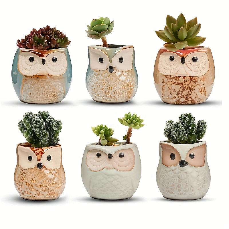 Owl Ceramic Succulent Planter With Drainage Hole 6pcs Set, Small Cute Plant Pot Plant Stand Container, Perfect For Home Office Decor Owl Gift Creative