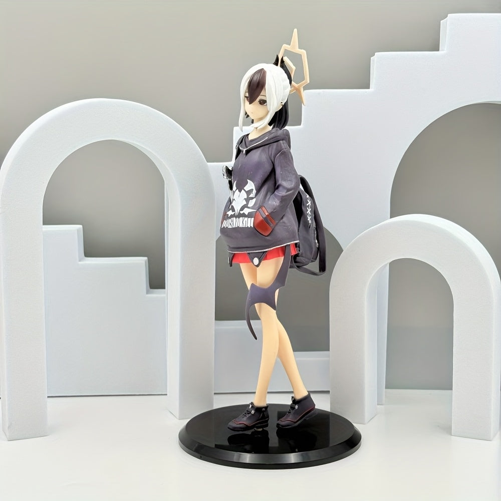 Anime Girl PVC Statue - White Hair & Red Eyes Casual Streetwear Collectible Figurine with Black & White Graphic Print, Durable Desk Decor for Anime Fans, Perfect Gift for Birthdays, Valentine's, Halloween