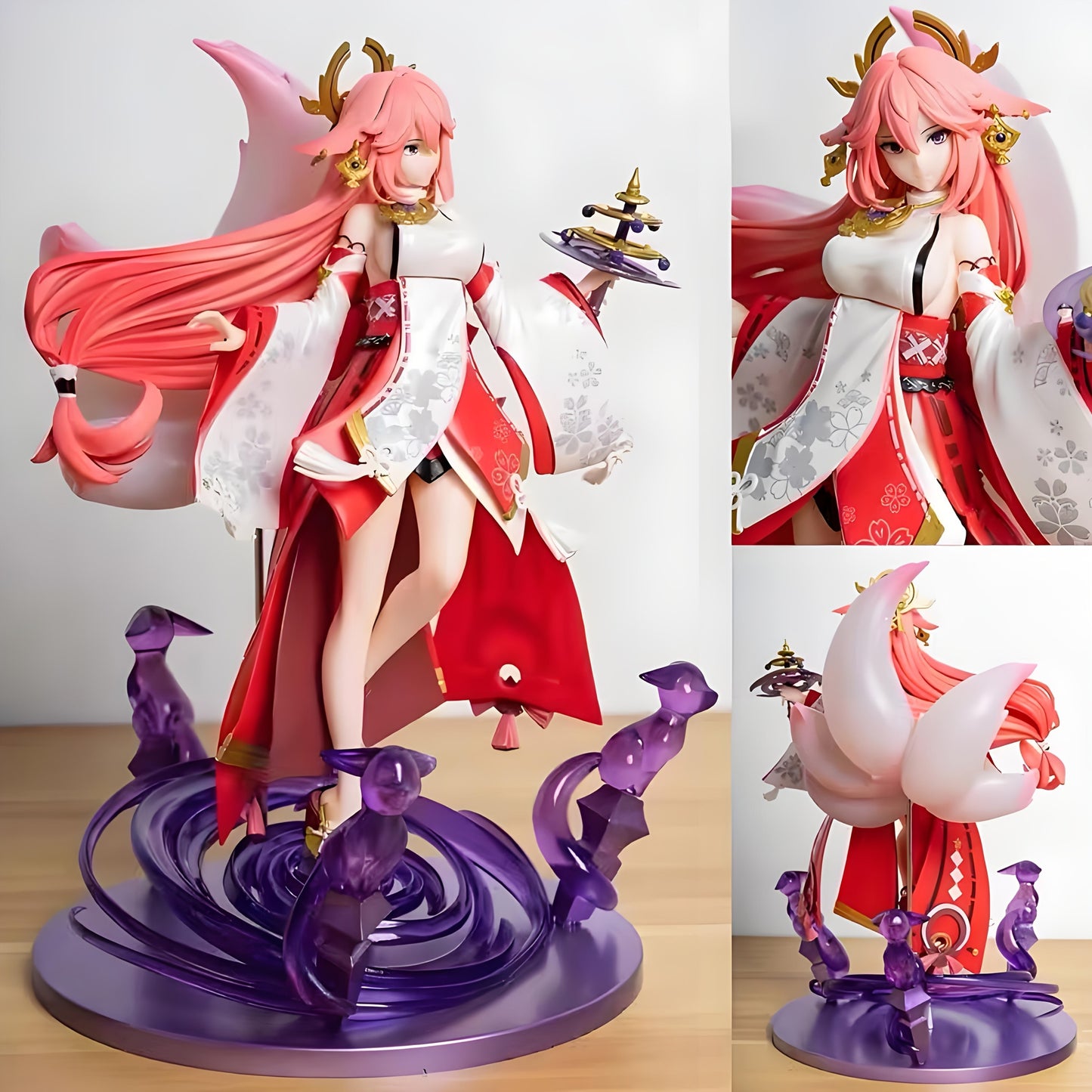 Anime Fairy Figure - Japanese Animation Collectible Doll with Pink Hair, Dynamic Pose & Floral Patterns - White & Red Kimono Design, Purple Base - Premium PVC Desk Decor for Anime Fans, Birthday or Christmas Gift for Girls & Women, Elegant Collectible St