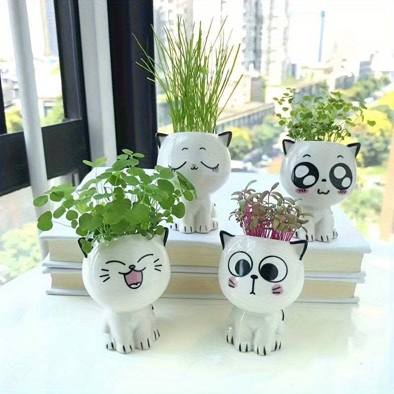 1pc Ceramic Mini Cat Cartoon Planter - Cute Indoor/Outdoor Plant Pot for Desk, DIY Office Decor, Art Deco Style, Animal Print, Irregular Shape, Perfect Gift for Home or Office