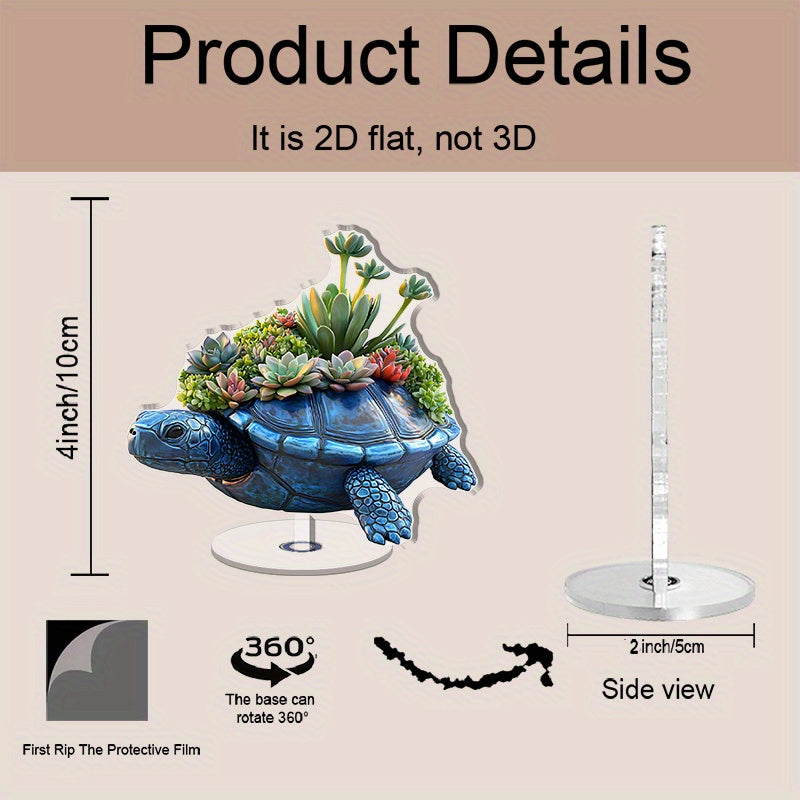 2D Flat, 1pc Rotatable Acrylic Turtle Shell Bowl Sculpture with Succulents - 360° Spinning 2D Flat Tabletop Decor, No Electricity Needed, All-Season Home Decoration for Bedroom Kitchen Living Room, Unique Gift for Housewarming Birthday Anniversary, Natur