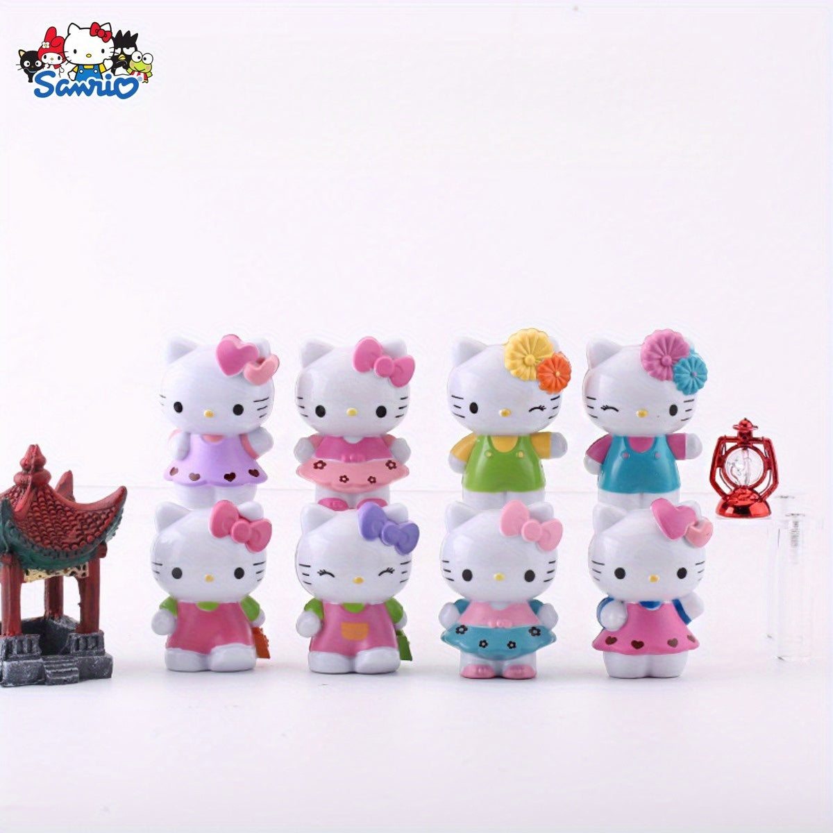 8pcs Sanrio Hello Kitty Desktop Decorations, Plastic Scene Ornaments, Suitable for Birthday Gifts, Party Presents, Office and Home Decorations