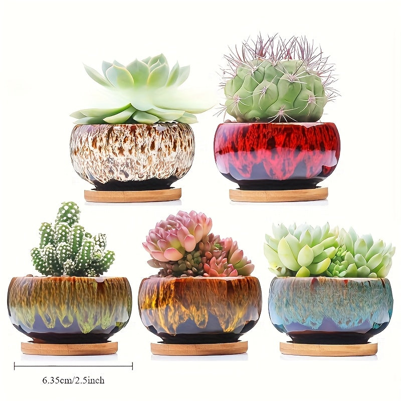 Cute Ceramic Succulent Garden Pots, Planter with Drainage, Set of 5 -Plants and tray Not Included (Round)