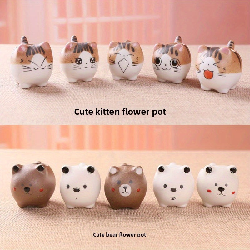 Cute Ceramic Animal Flower Pots - Whimsical Cat & Bear Designs with Heart Accents, Durable Indoor/Outdoor Planters for Succulents, Small Plants, Garden Decor, Plant Decor, Playful Design, Classic Ceramic