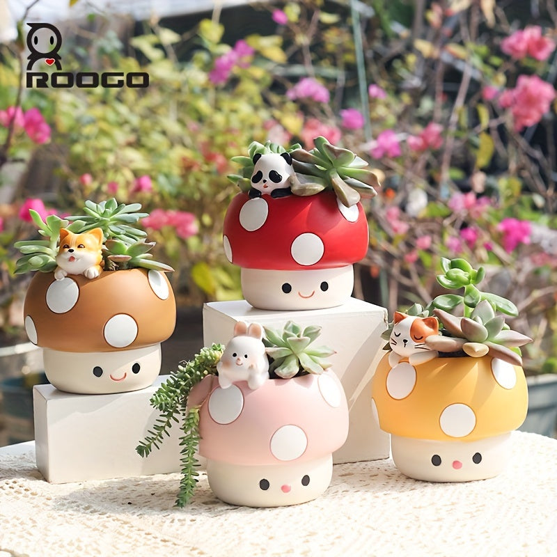 Whimsical Resin 1pc Roogo Cute Animal & Mushroom-Shaped Planter Pot - Succulent & Small Flower Holder with Drainage Hole, Perfect for Indoor/Outdoor Garden Decor