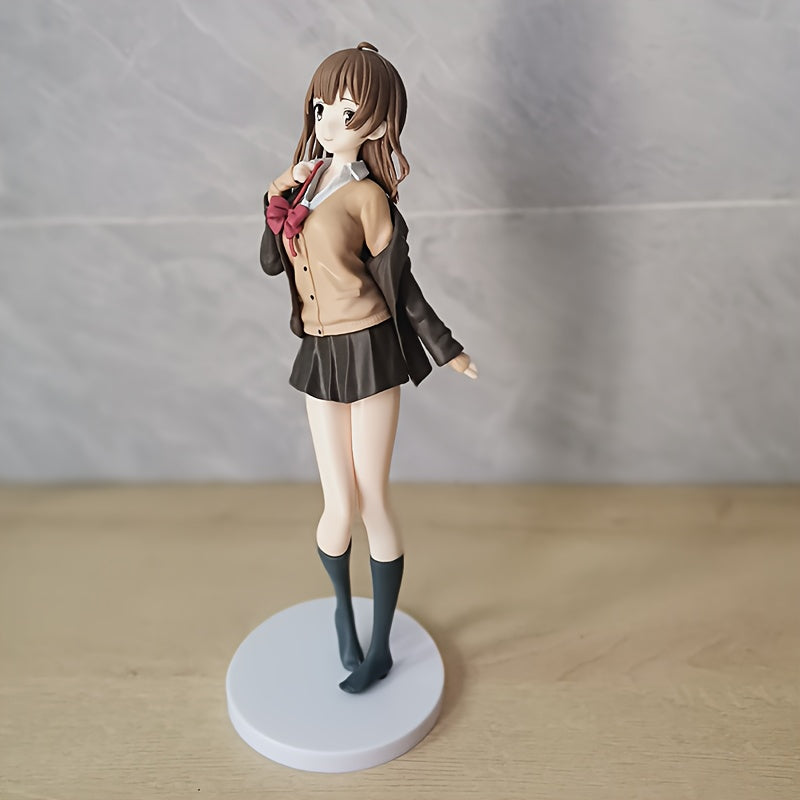 Cute Anime Girl in School Uniform - Brown-Haired, Black Skirt & Cardigan, Red Bow Tie, Black Boots, ABS Material, Ideal for Desk or Car Decor, Desk Accessory | Schoolgirl Anime | Detailed Costume