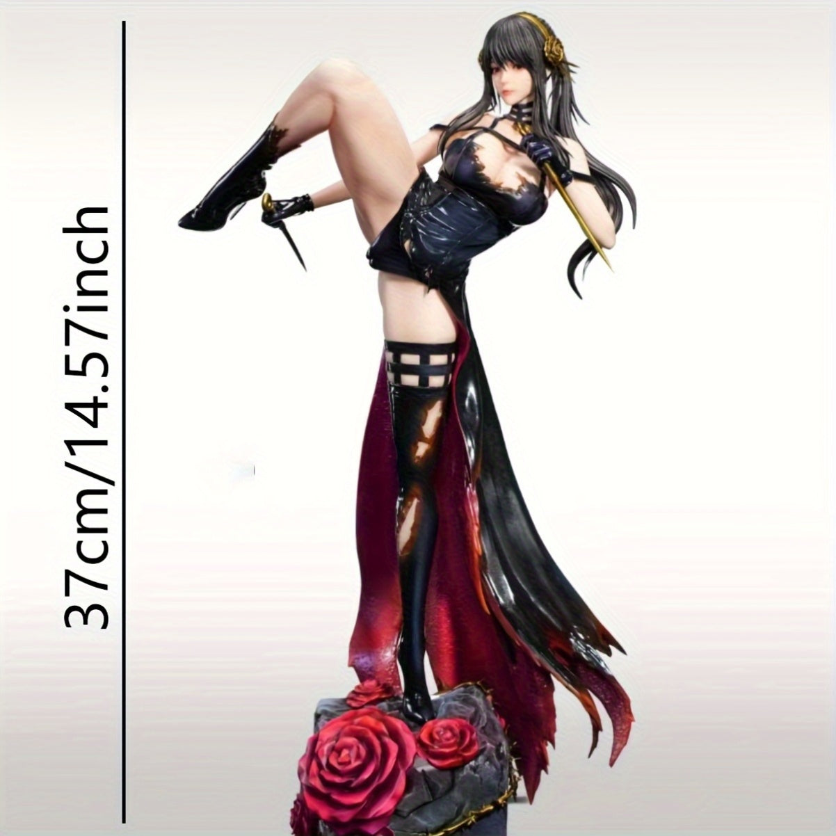 Large Anime Character Figure, Assassin Style - Fighting Pose, Black and Red Armor with Golden Accents, Red Rose Base - Perfect Gift for Anime Fans, Desktop Decoration, Collectible Figurine, Dynamic Design, Exquisite Craftsmanship, Metallic Texture