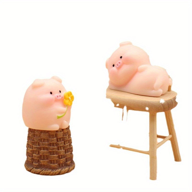 6pcs Mini Pig Figurines - Cute Cartoon Resin Statues with Carrot, Flower & Fruit Designs for Home Office Desk, Miniature Garden Decor, Indoor/Outdoor Party Ornaments (No Electricity Needed), Whimsical Decor, Smooth Texture Finish