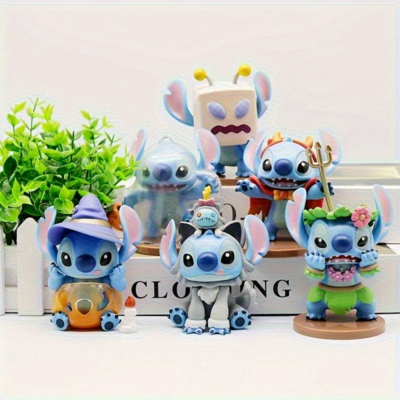 Disney Official 6pcs Stitch Figurine Set, Blue PVC Collectible, Cute Anime Model, Desktop& Car Decoration, Cake Topper, Christmas, Halloween, Birthday Gift