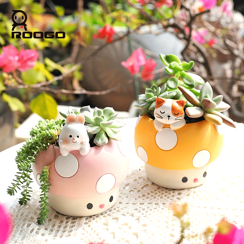 Whimsical Resin 1pc Roogo Cute Animal & Mushroom-Shaped Planter Pot - Succulent & Small Flower Holder with Drainage Hole, Perfect for Indoor/Outdoor Garden Decor