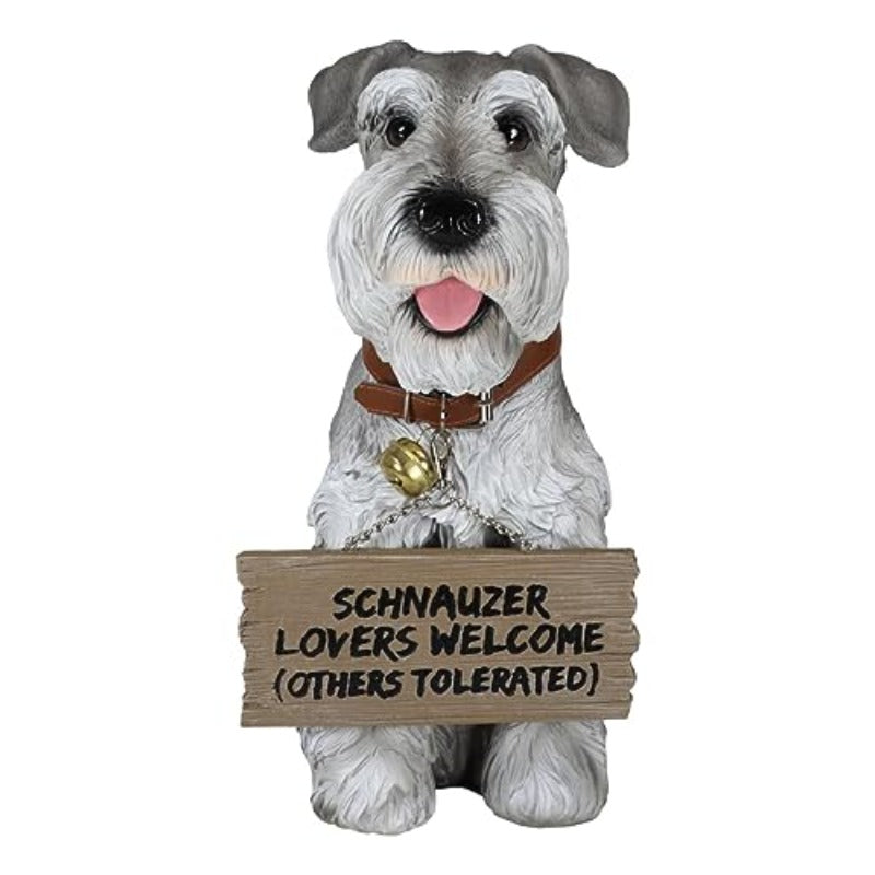 Realistic Adorable 'Grandpa' Grey Schnauzer Dog Sitting with Jingle Collar Planks Sign Statue 13 Tall 'Schnauz It Going' 'Schnauzer Lovers Welcome'