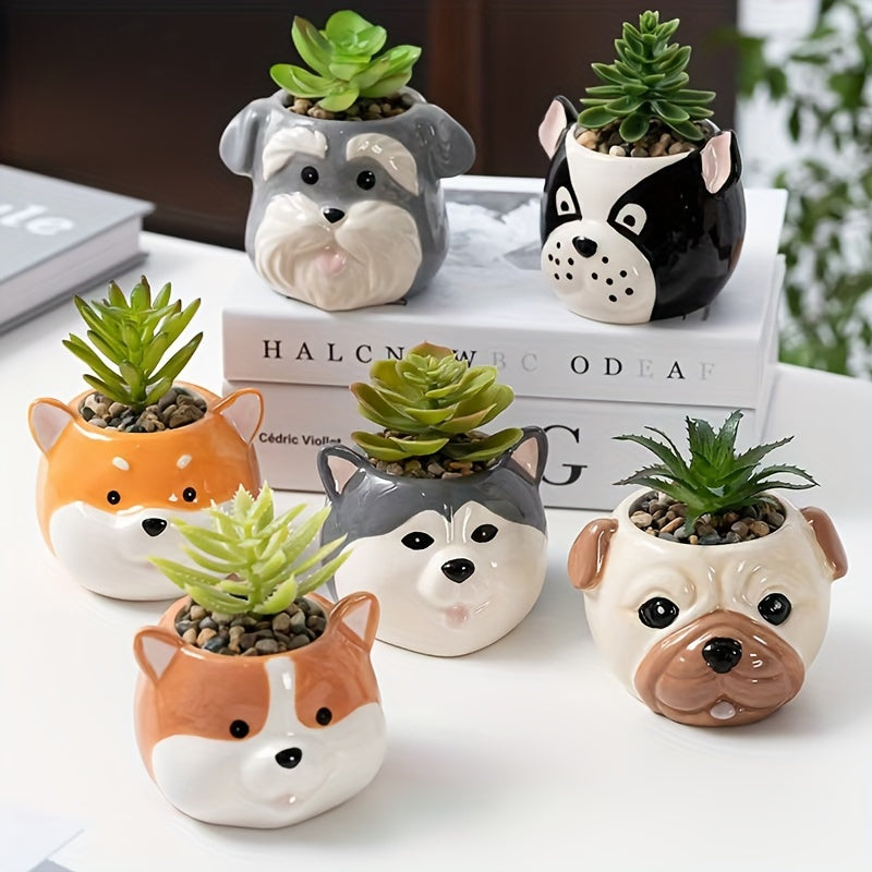 1pc Ceramic Cartoon Animal Succulent Plant Pot - Round Dog Flower Pot Series - Rust Resistant Decorative Art Style, Checkered Indoor/Outdoor Use - Animal Printed Ceramic Pot, Suitable For Home Gardening
