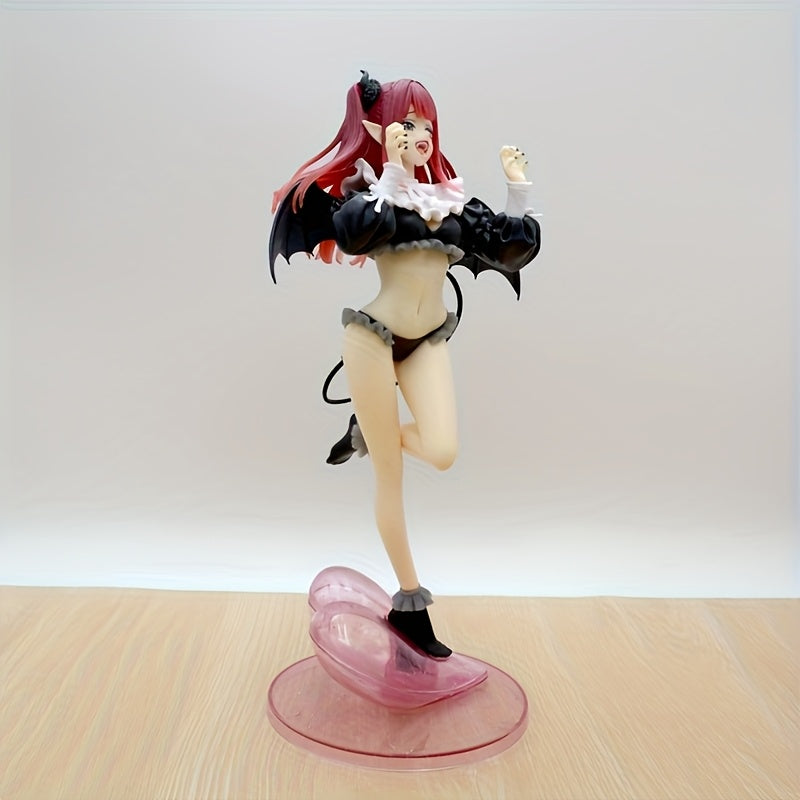 Cute Anime Character Collectible Statue with Pink Hair, Red Horns & Heart Base - Black & White Ruffled Outfit, Bat-Wing Accents, Exquisite Model Toy for Anime Fans, Anime Figurine, Display Piece, Detailed Sculpture, Decorative Figurament, Pop Culture Fan