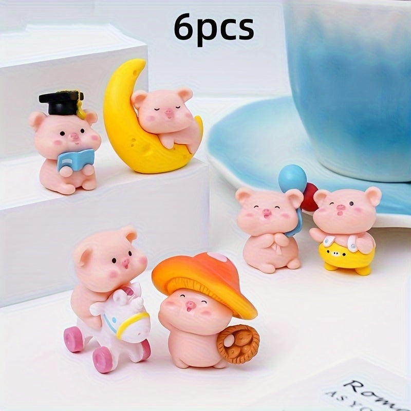 6pcs Mini Pig Figurines - Cute Cartoon PVC Figurines with Graduation, Banana, Carriage And Autumn Hat Design, Vibrant Desktop And Car Decorations for Home, Office, Classroom, Holiday Gifts, Mini Animal Figurines, Decorative Ornaments, Home Decor