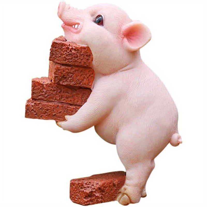 AUMORA Funny Piggy Resin Art Ornaments Hard-working Pig Figurines Craft Decorations, Small Statues for Shelves Table Desk Home Office Decor (Moving Bricks)