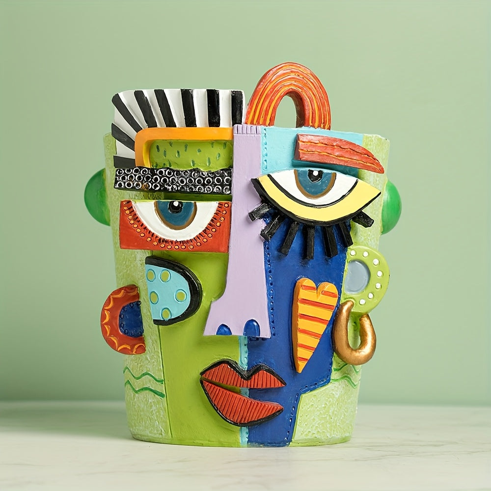 [Resin Planter] Large Green Resin Abstract Fauvist Beauty Face Planter | Lacquered Finish, Indoor & Outdoor Use, Perfect for Balcony or Garden Decor
