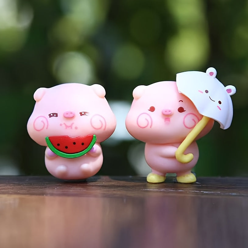 6pcs Bohemian Style Pink Pig Figurines - Hand-Painted Resin Decor with Fun Accessories: Umbrella, Watermelon & Lollipop for Home, Office, Car, and Holiday Decoration - No Electricity Needed