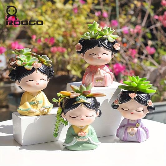 Roogo Art Deco Style Bonsai Planter Pots - Resin Miniature Figurine Planters with Drainage Hole - Multicomponent Irregular Lacquered Tabletop Decorative Pots for Indoor Use - Multiple Patterns