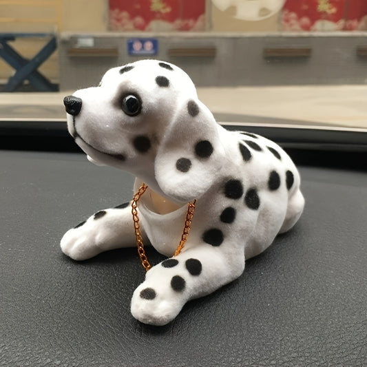 Dalmatian Dog Figurine | Resin Car Dashboard & Desktop Ornament with Golden Chain | Black Spots on White | Playful Shaking Head Feature | Ideal for Home, Office Decor, Dog Decor