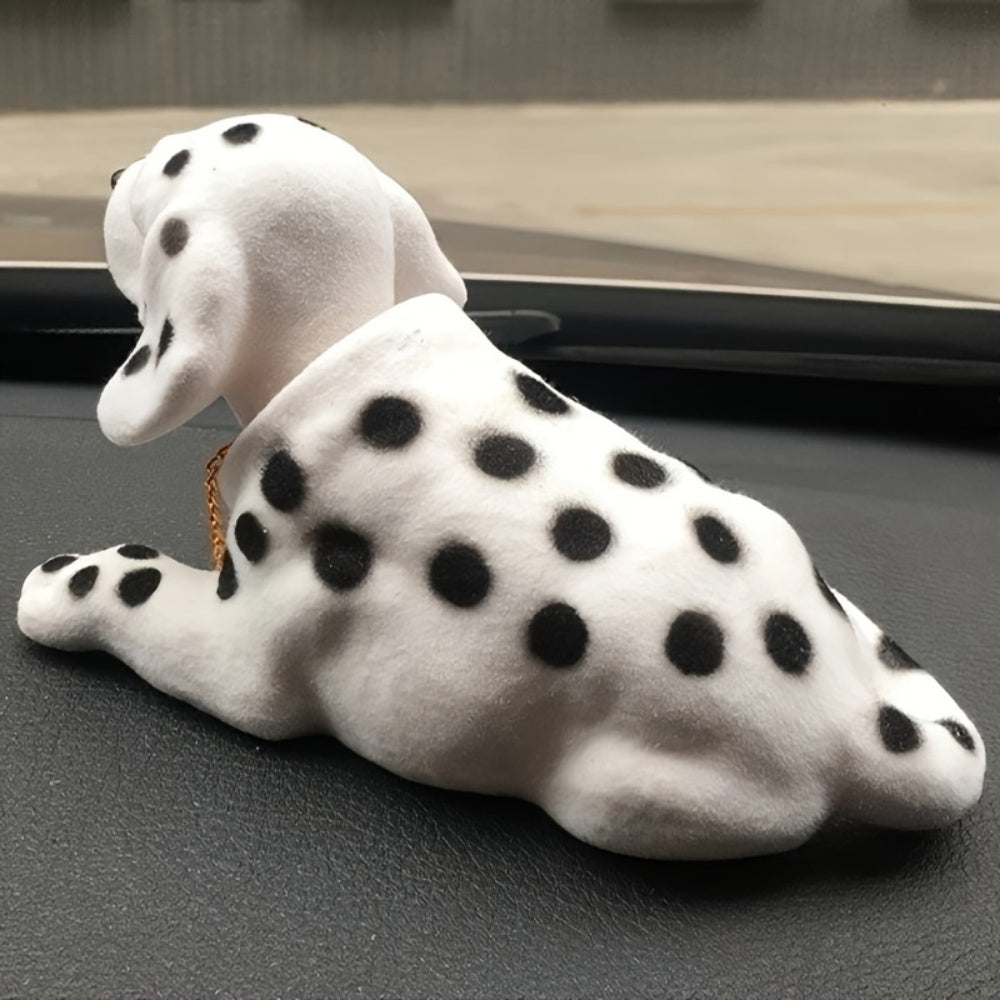 Dalmatian Dog Figurine | Resin Car Dashboard & Desktop Ornament with Golden Chain | Black Spots on White | Playful Shaking Head Feature | Ideal for Home, Office Decor, Dog Decor