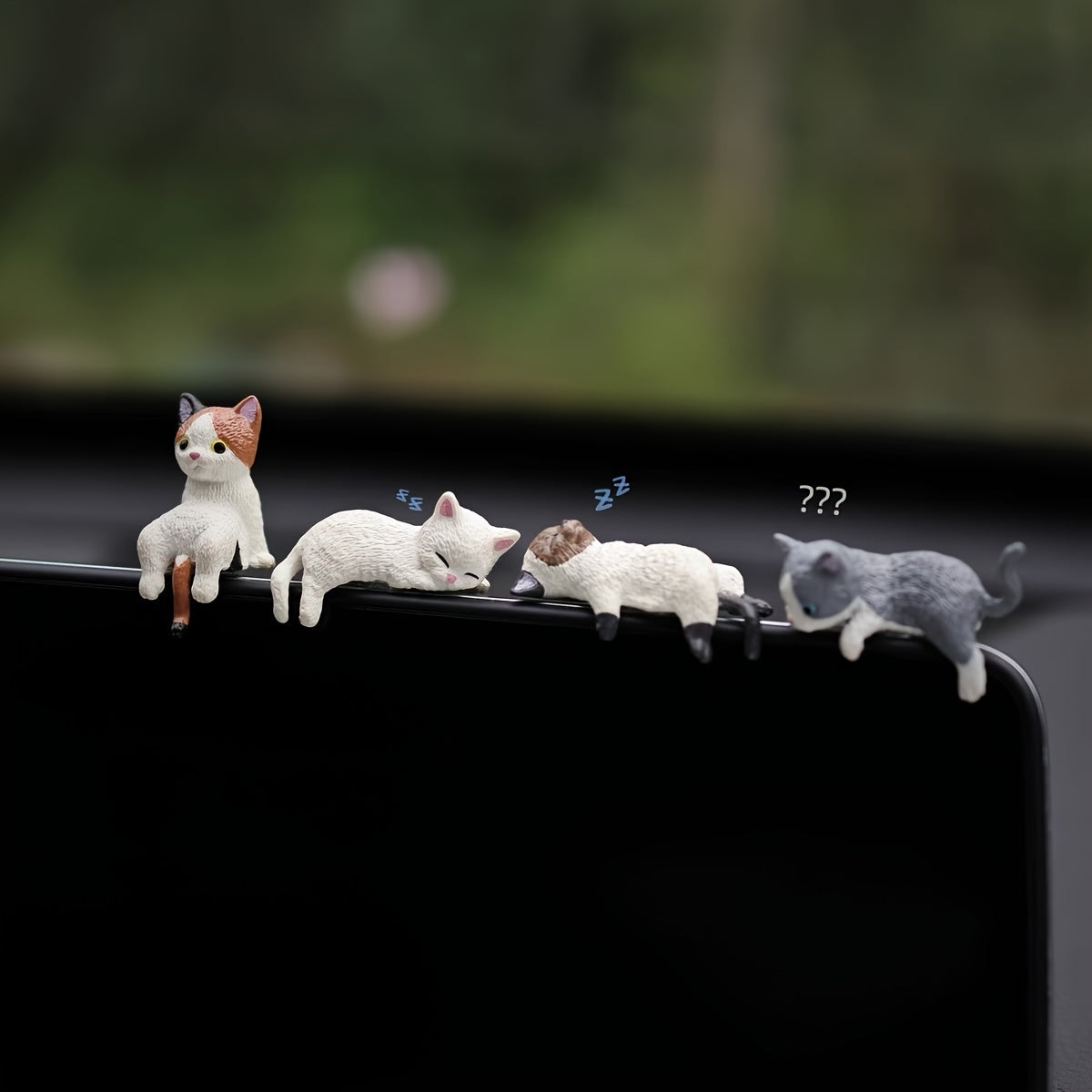 [Cute Cat Decor] 4pcs Cute White Cat Car Dashboard Decor - Mini Cartoon PVC Ornaments - Adds Playful Charm to Your Vehicle, Cartoon Cat Design, PVC Material