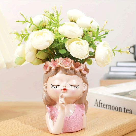 Elegant Resin Girl Planter Pot with Floral Crown Design, Decorative Figurine Vase for Indoor Plants and Flowers - Creative Tabletop Display Accessory