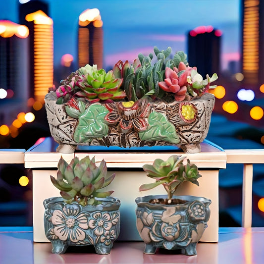 3pcs Christmas Lotus Blooming Flower Pots, Thanksgiving Desktop Decoration, Spring Succulent Plant Ceramic Flower Pots, New Year Office, Garden, Courtyard, Kitchen Indoor and Outdoor Decoration, Summer Plant Ceramic Flower Pot Container