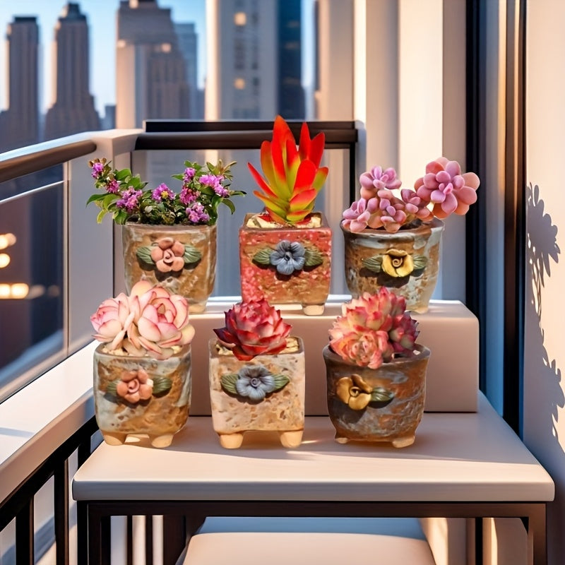 6pcs Set of Exquisite Squeeze Flower Thumb Pots, Suitable for Balcony, Window Sill, Tabletop Decoration, Spring and Summer Plant Containers with Drainage Holes, Breathable and Durable, Suitable for Succulents, Small Potted Plants, Creating a Delicate Des