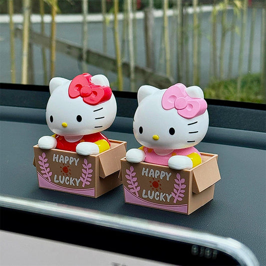 For Hello Kitty Solar-Powered Bobblehead Figure - Cute Cartoon Car Dashboard Decoration with Red Bow, Golden Chain & "Happy Lucky" Design, ABS Material, Perfect for Vehicle or Home Decor, Car Decor Accessory | Playful Design | Durable ABS, Car Decoration