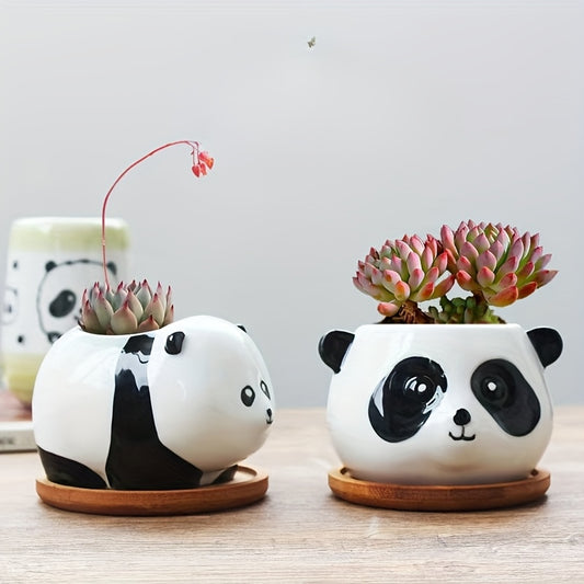 1pc Hand-Painted Ceramic Planter with Cute Panda Design - Irregular Shape, Drainage Holes, Indoor/Outdoor Decor for Succulents, Cacti, Home, Office, Weddings & Parties, Indoor Plant Decor | Panda Themed Pottery | Ceramic Garden Pots, Panda Gifts