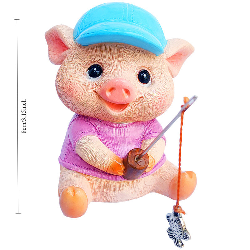 Cute Pig Fishing Figurine - Miniature Country Style Plastic Decor with Blue Cap & Pink Shirt, No Electricity Needed for Indoor/Outdoor Ponds, Aquariums, Christmas Gifts