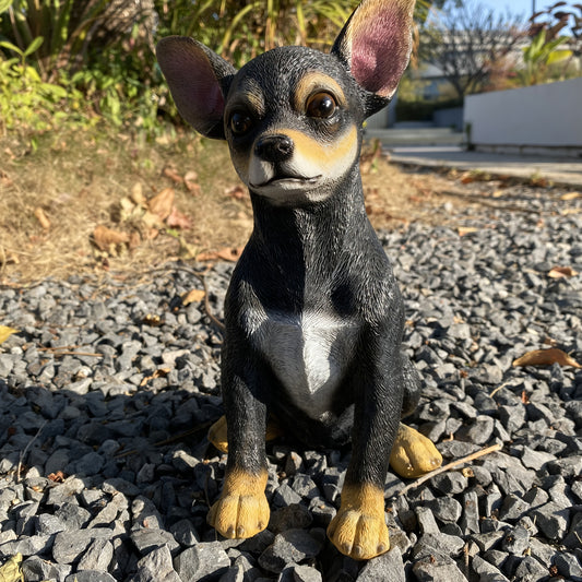 [Lifelike Detail] Life-Like Black Chihuahua Dog Statue - Resin Garden and Indoor Decor, Modern Easter Outdoor Yard Ornament with Detailed Ears and Paw Prints, Weather-Resistant for All Seasons