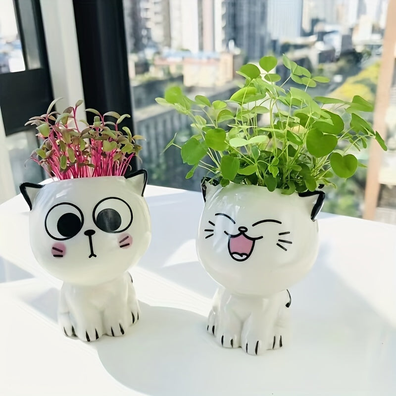1pc, Ceramic Flowerpot Mini Cat Shaped Cartoon Cute Potted Plant Desktop Potted Cat Plant Pot DIY Desk Decorate Science Education School Gift