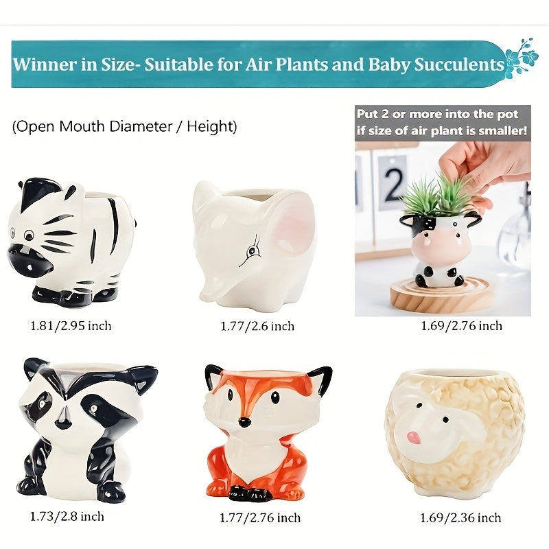 6-Pack Ceramic Animal Cartoon Plant Pots, Cute Succulent Planters with Drainage Hole, Lacquered Finish, Irregular Shape, Garden Style Tabletop Bonsai Trees Containers for Indoor and Outdoor Use