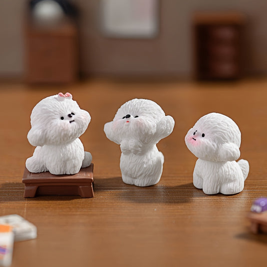 6pcs Adorable Pom-Pom Dog Figurines - Resin Cute Puppy Decor with Unique Poses & Expressions, Compact Miniature Desktop Car Dashboard Decorations, No Electricity Needed, Perfect Gift for Pet Lovers, Home Decoration, Playful Design, Soft Texture, Decorati