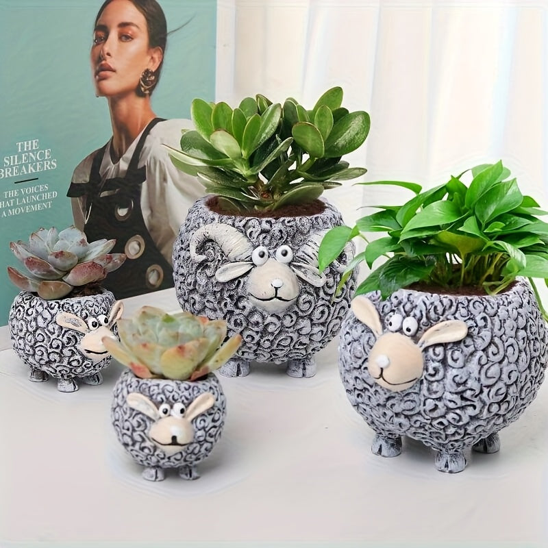 2pcs Fairyland Cartoon Sheep Resin Planters - Whimsical Animal Succulent Pots with Swirling Patterns, Lightweight Durable Indoor/Outdoor Garden Decor for Home, Patio, Yard, Patio Decoration, Playful Decor, Charming Craftsmanship, Textured Surface