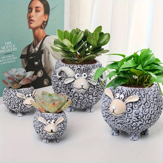 2pcs Fairyland Cartoon Sheep Resin Planters - Whimsical Animal Succulent Pots with Swirling Patterns, Lightweight Durable Indoor/Outdoor Garden Decor for Home, Patio, Yard, Patio Decoration, Playful Decor, Charming Craftsmanship, Textured Surface