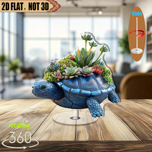 2D Flat, 1pc Rotatable Acrylic Turtle Shell Bowl Sculpture with Succulents - 360° Spinning 2D Flat Tabletop Decor, No Electricity Needed, All-Season Home Decoration for Bedroom Kitchen Living Room, Unique Gift for Housewarming Birthday Anniversary, Natur